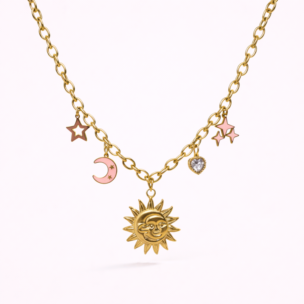 Collier charms soleil lune acier inoxydable doré | Gaou Bijoux