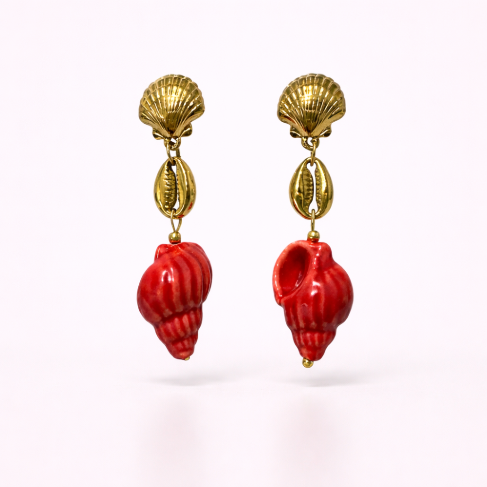 Boucles d’oreilles coquillage rouge acier inoxydable doré | Gaou Bijoux