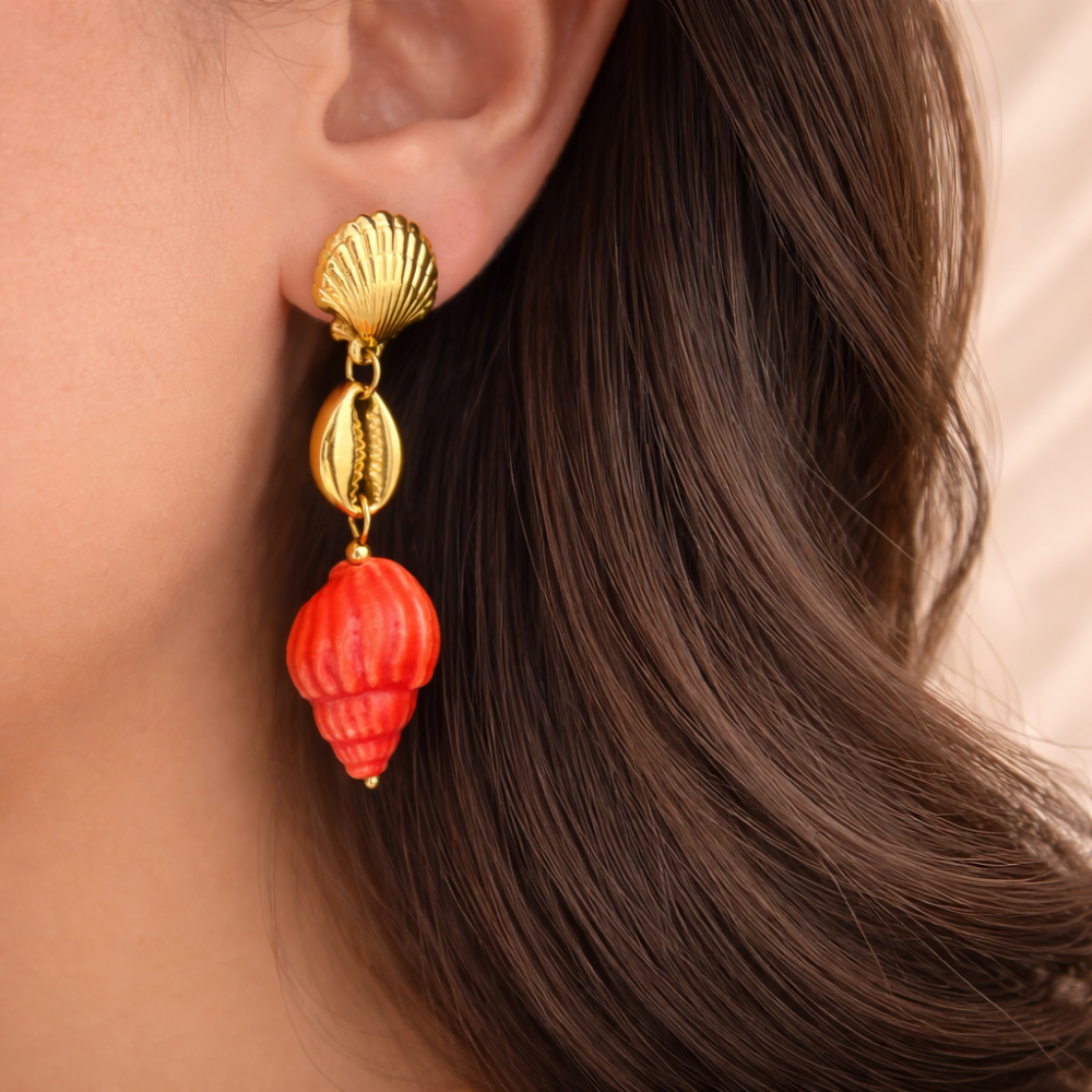 Boucles d’oreilles coquillage rouge acier inoxydable doré | Gaou Bijoux