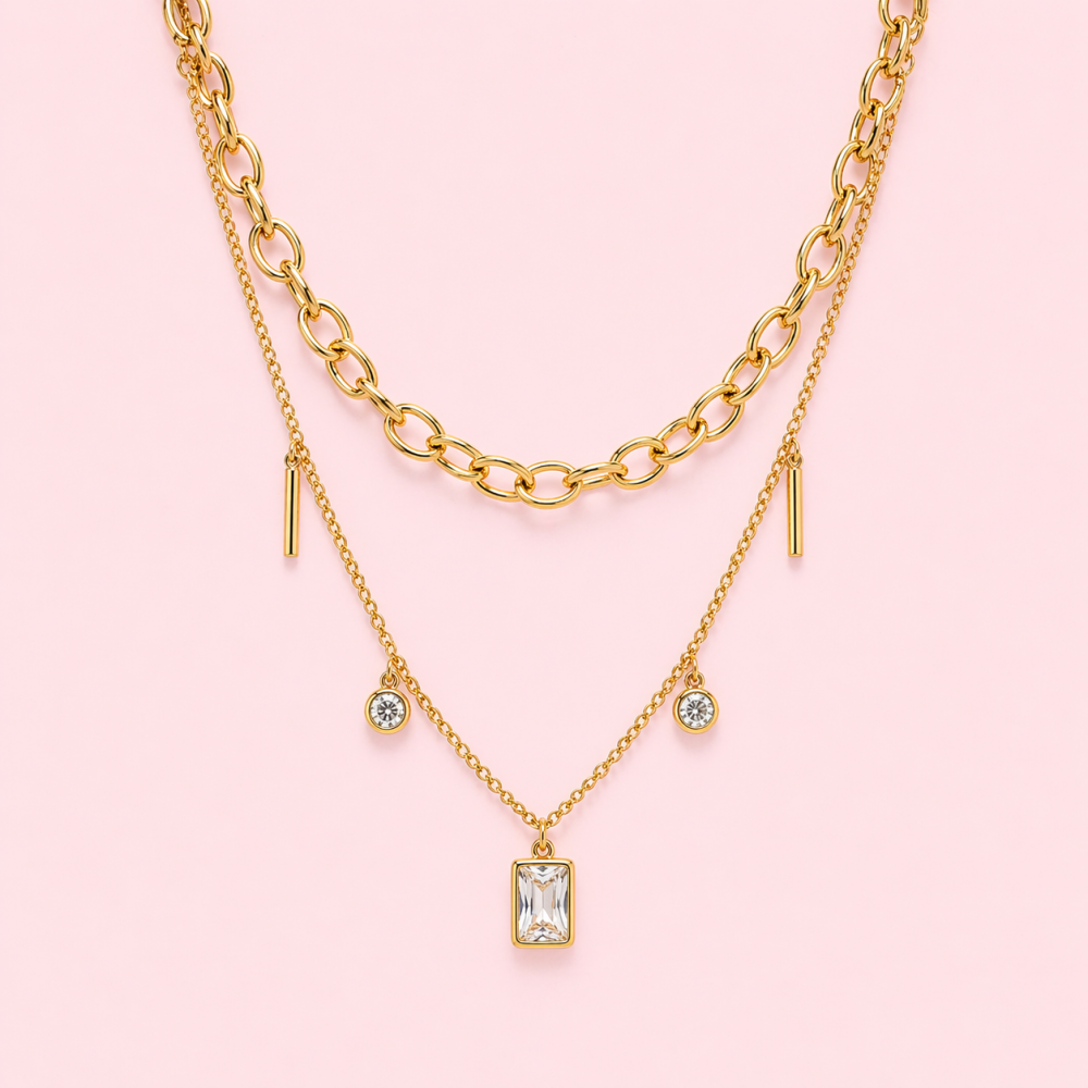 Collier double rang pierre maillons acier inoxydable | Gaou Bijoux