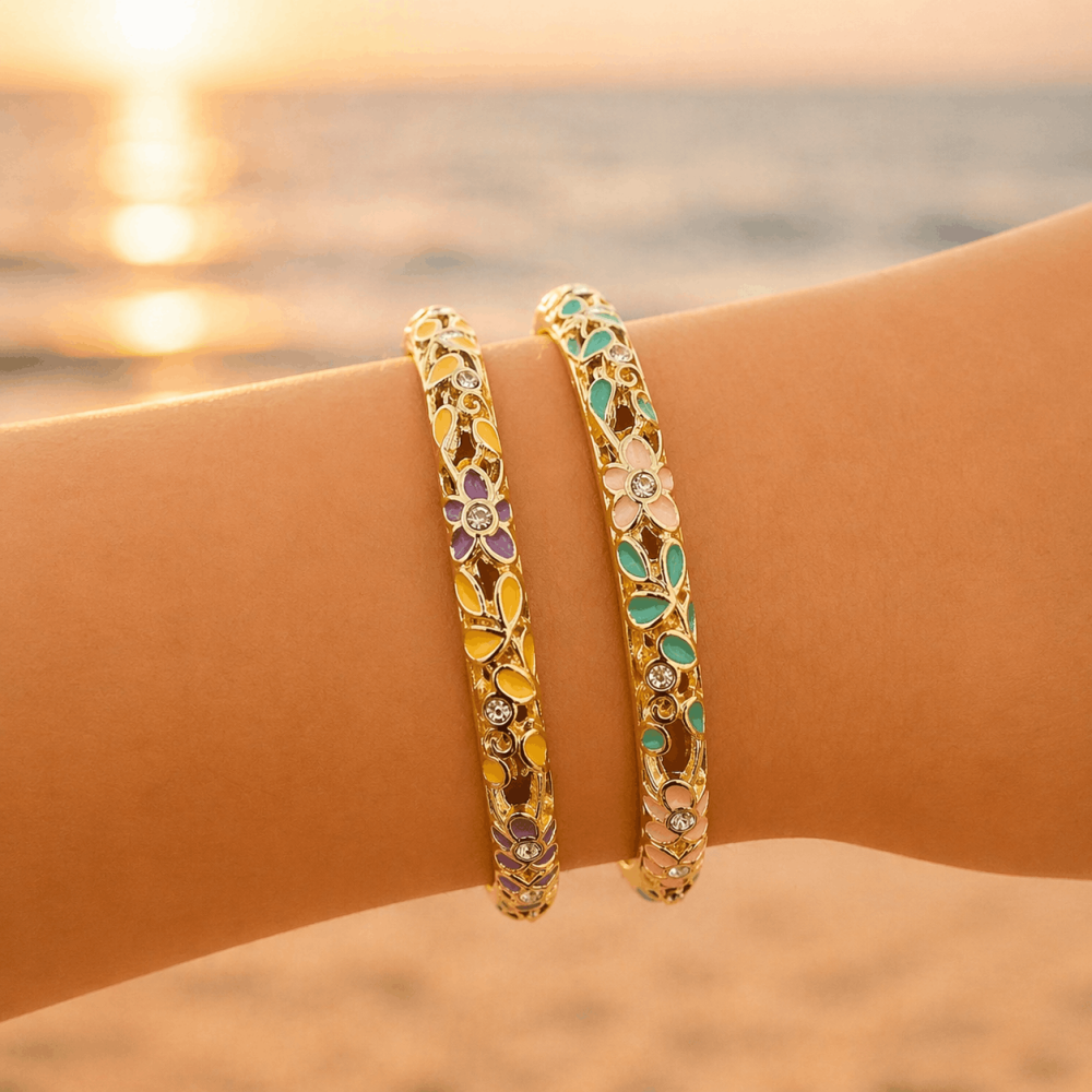 Bracelet jonc thaïlandais émaillé floral multicolore  tendance bohème chic  | Gaou Bijoux
