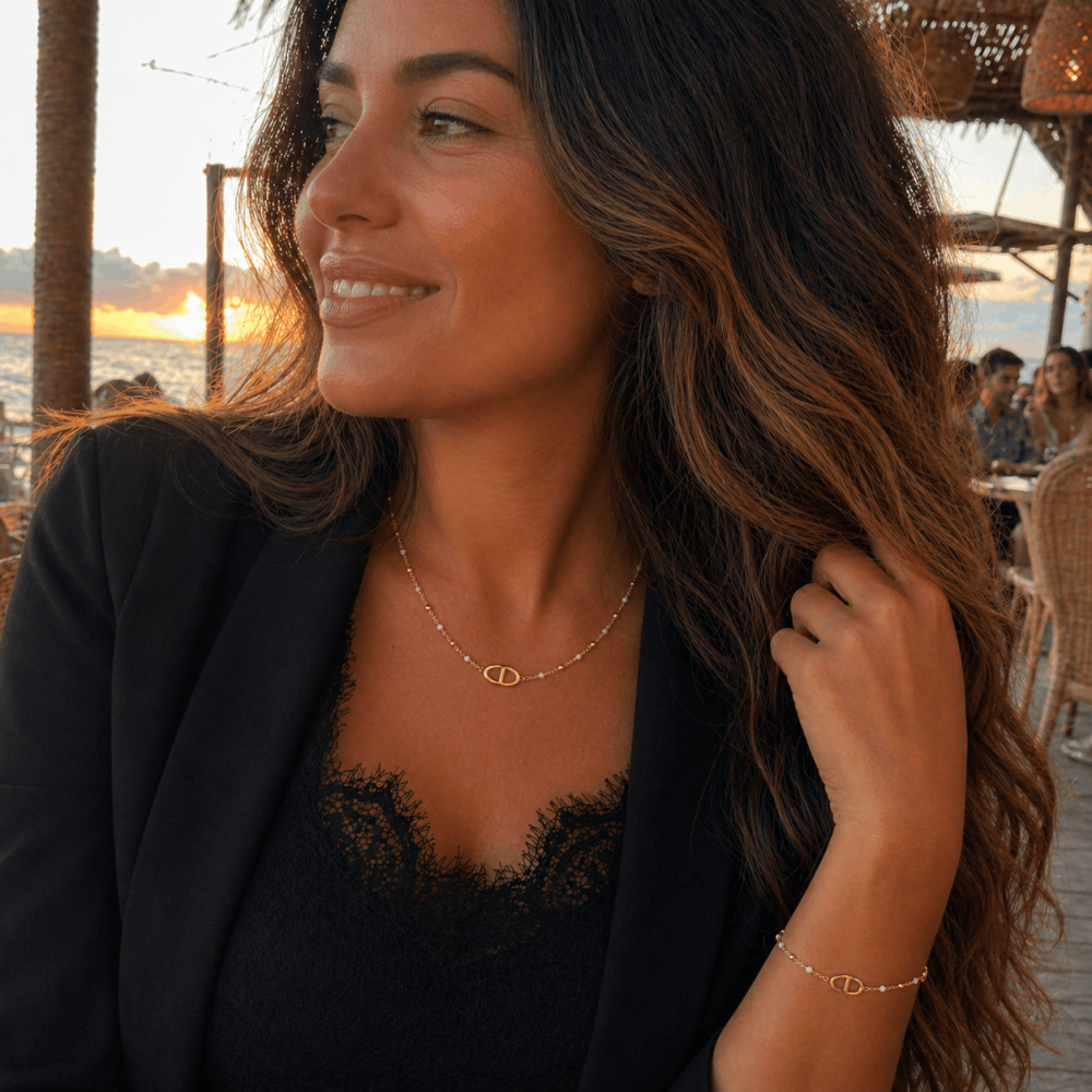 Parure collier bracelet perles acier inoxydable doré | Gaou Bijoux