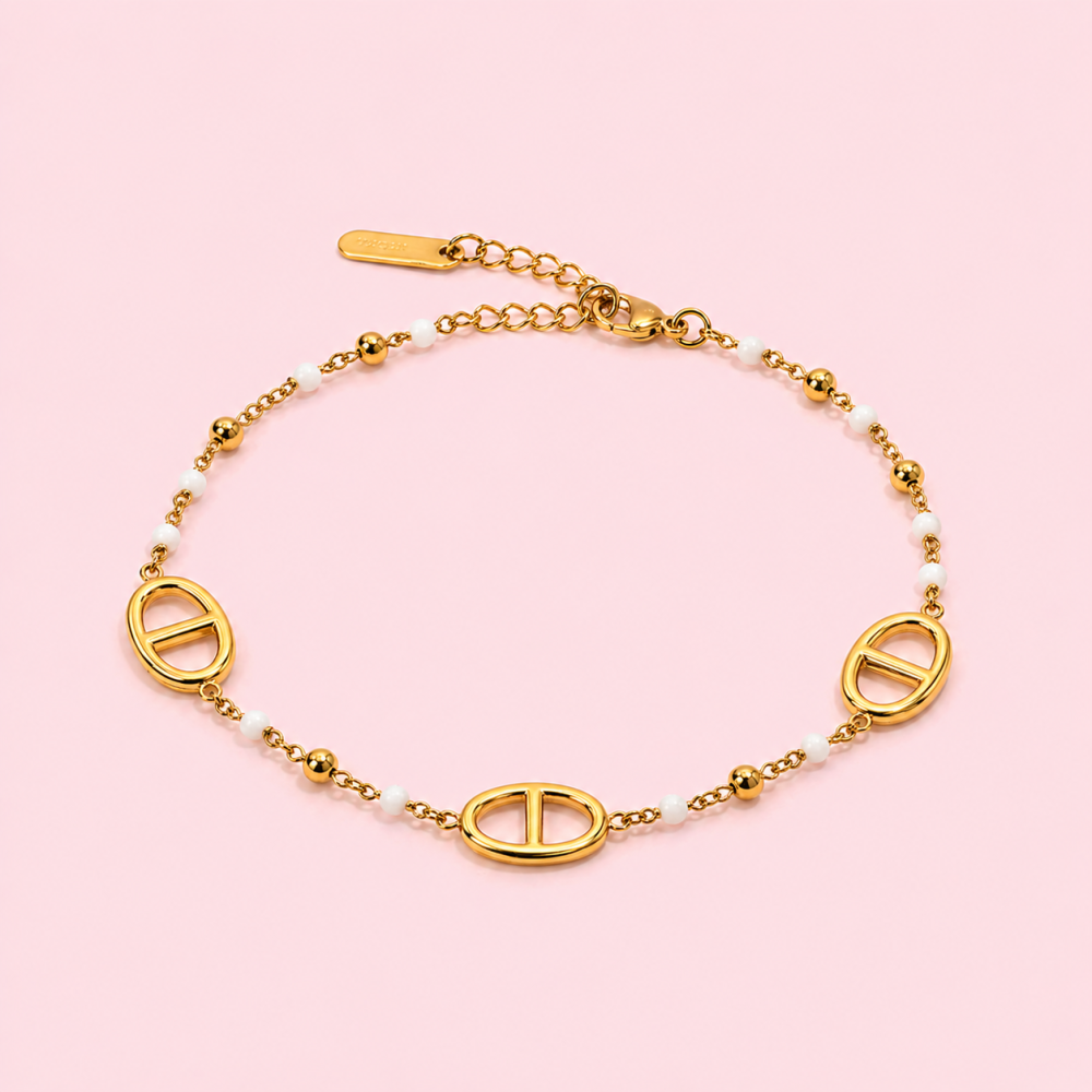 Parure collier bracelet perles acier inoxydable doré | Gaou Bijoux