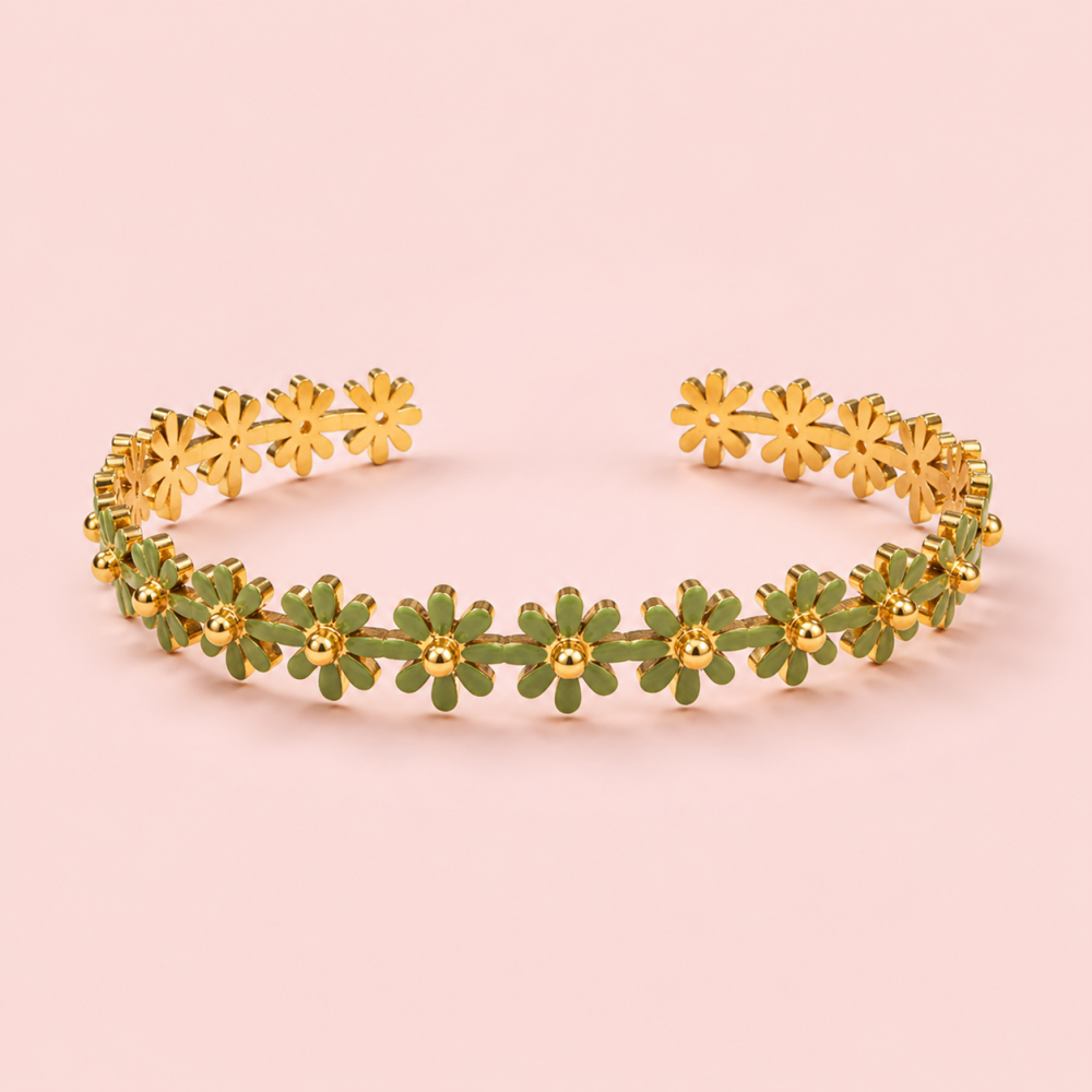 Bracelet jonc fleurs acier inoxydable doré femme | Gaou Bijoux