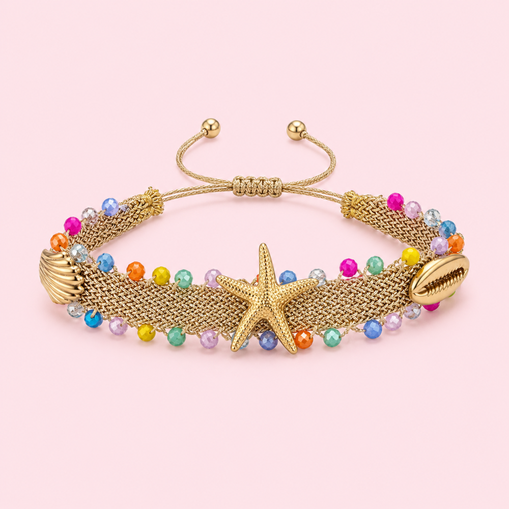 : Bracelet Océan Doré avec coquillages et perles blanches - bijoux acier inoxydable | Gaou Bijoux
