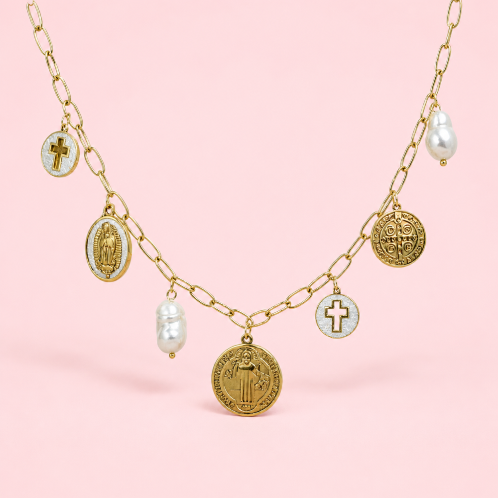 Collier charms médailles croix perles acier inoxydable femme