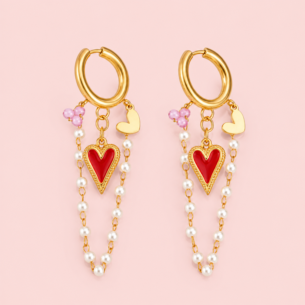 Boucles d’oreilles cœur perles pendantes acier inoxydable