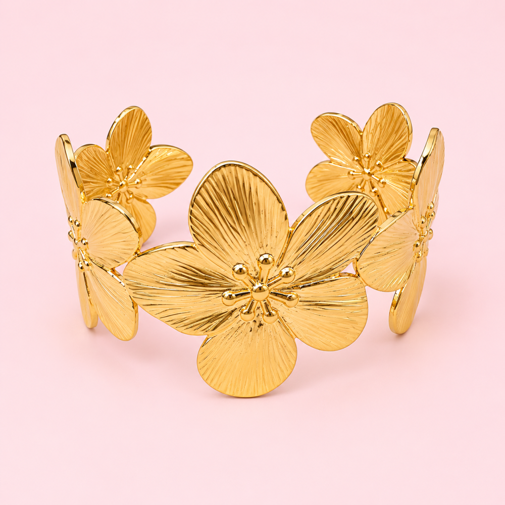 Jonc fleurs dorées acier inoxydable manchette | Gaou Bijoux