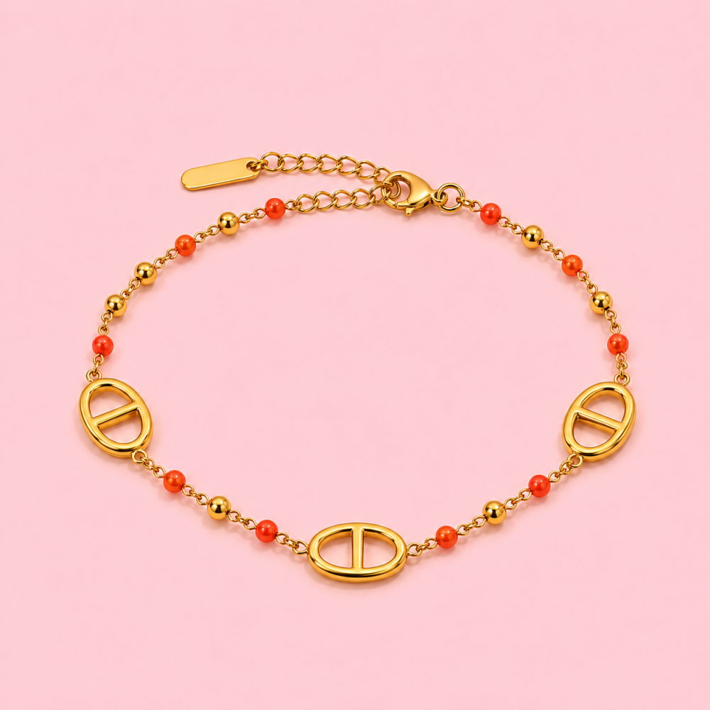 Parure collier bracelet perles acier inoxydable doré | Gaou Bijoux