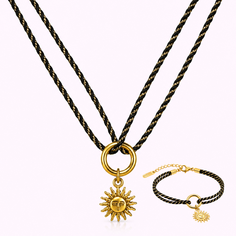 Parure soleil cordon noir acier inoxydable | Gaou Bijoux