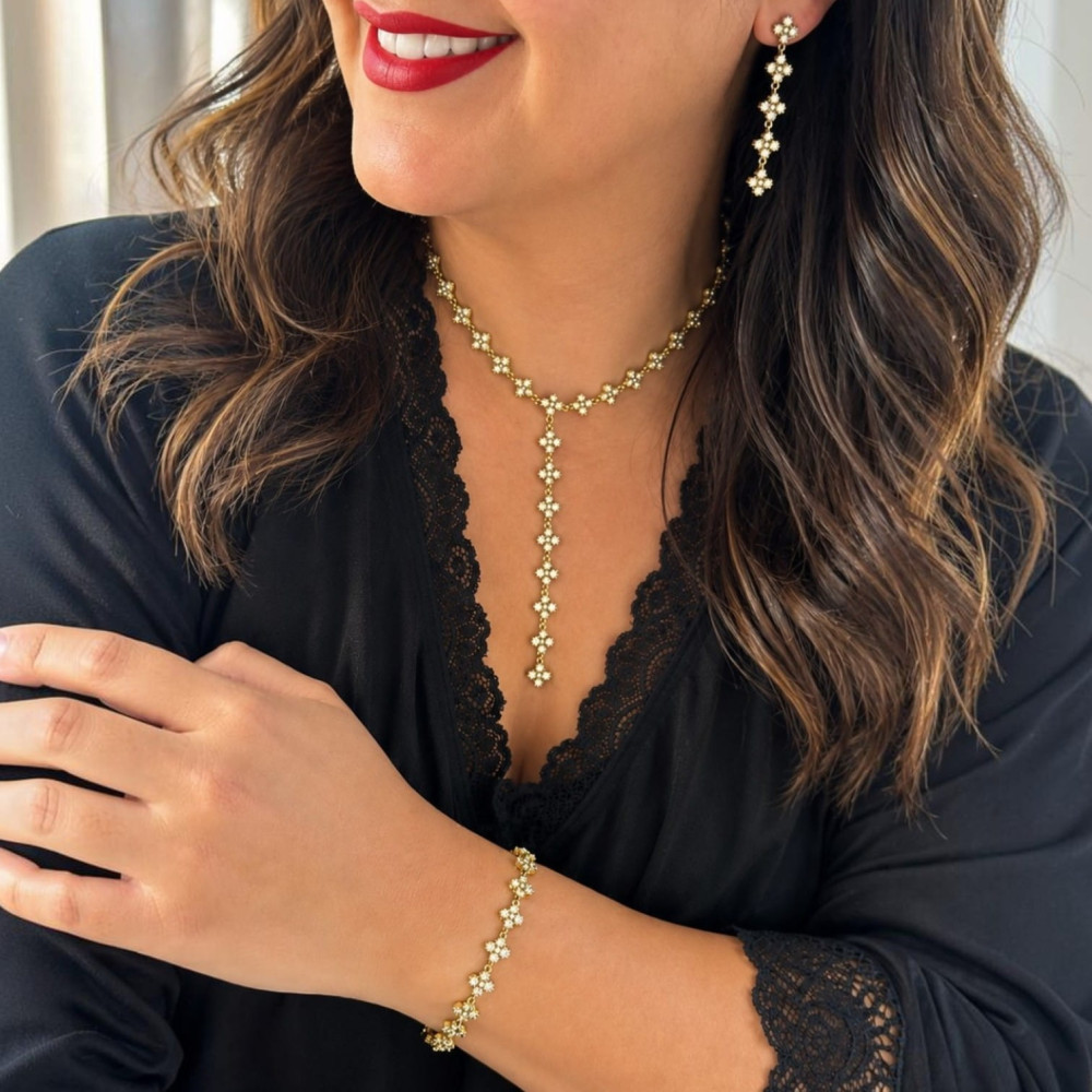 Parure fleurie dorée avec collier Y bracelet et boucles pendantes en acier inoxydable Gaou Bijoux