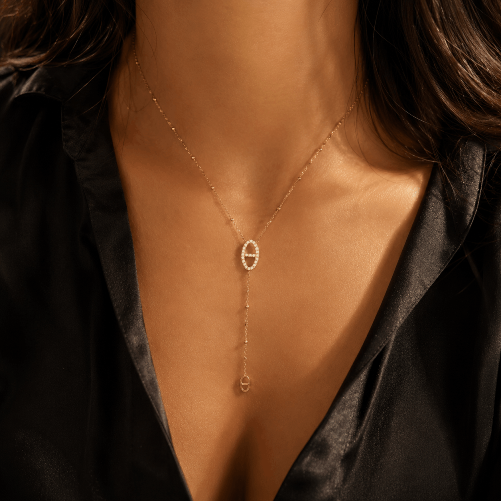 Collier Y ovale strass maille marine acier inoxydable | Gaou Bijoux