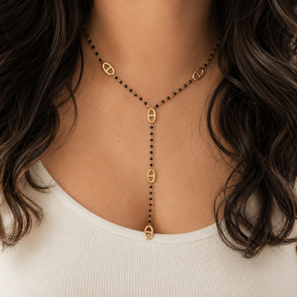 Collier Y Maille Marine & Grosses Perles