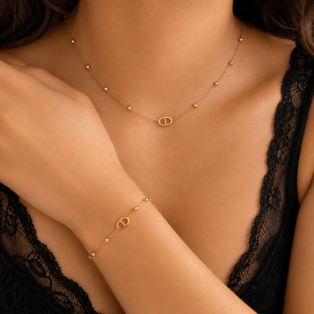 Parure Maille Marine & Perles Dorées Acier Inoxydable