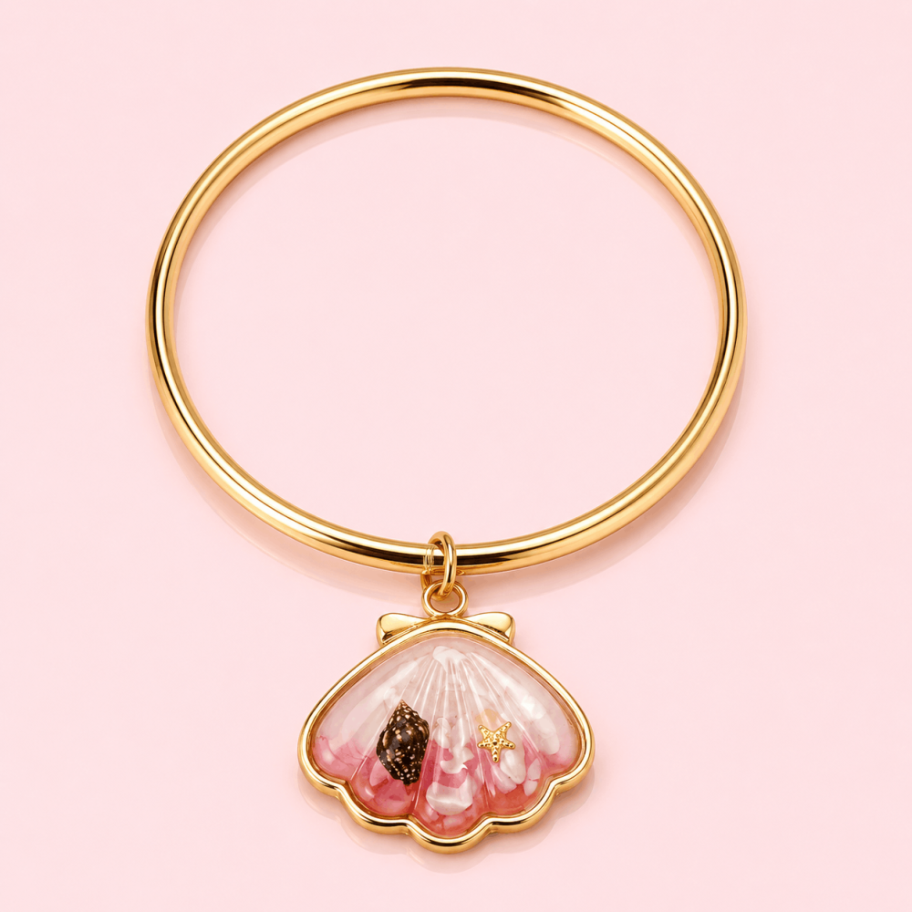 Jonc coquillage rose marin acier inoxydable doré | Gaou Bijoux