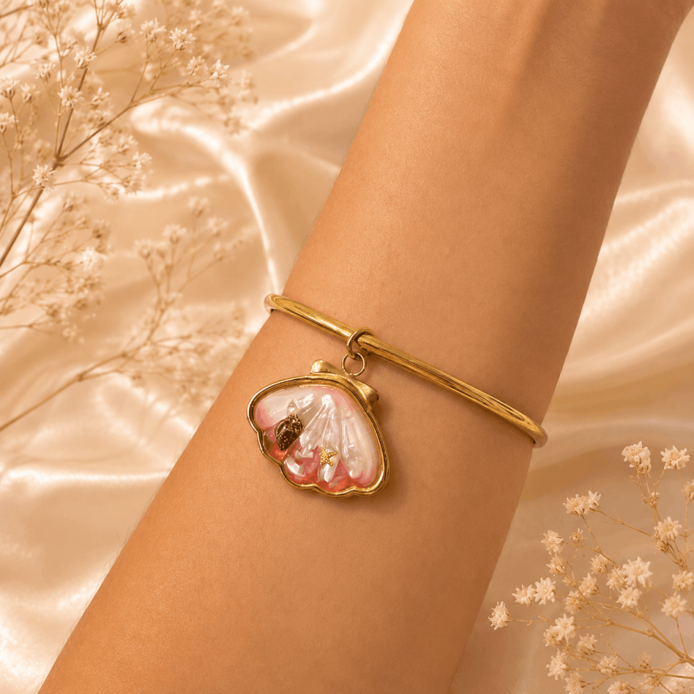 Jonc coquillage rose marin acier inoxydable doré | Gaou Bijoux