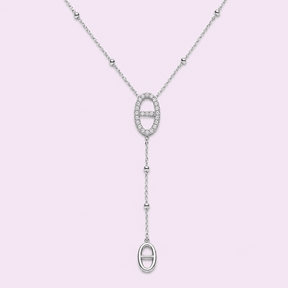 Collier Y ovale strass maille marine acier inoxydable | Gaou Bijoux