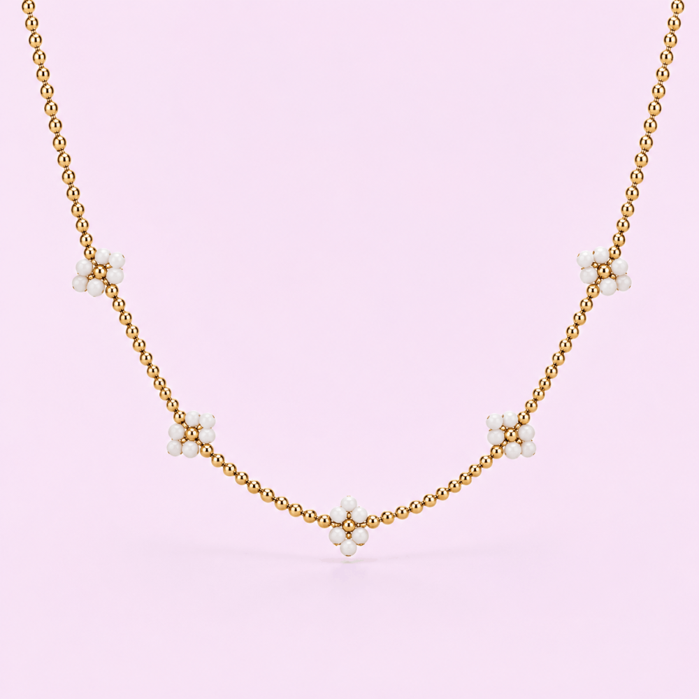 Collier fleur perles acier inoxydable doré | Gaou Bijoux