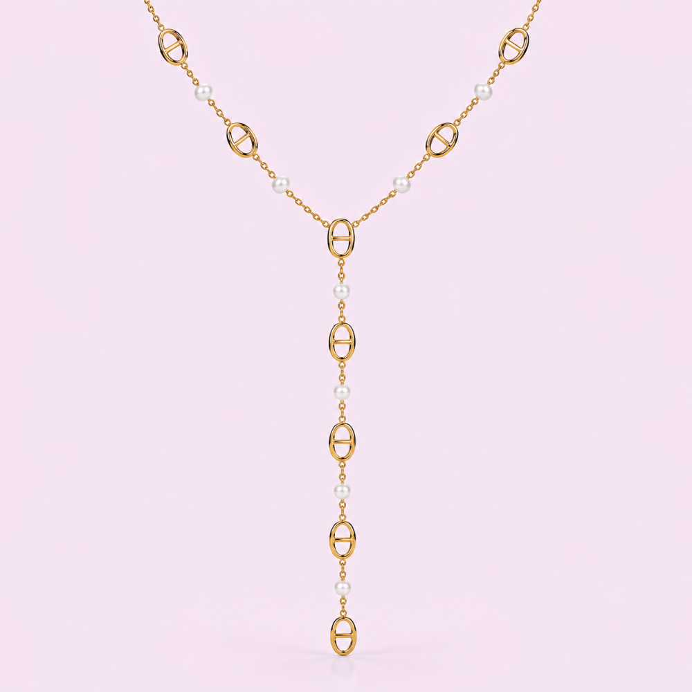 Collier Y maille marine et perles acier inoxydable | Gaou Bijoux