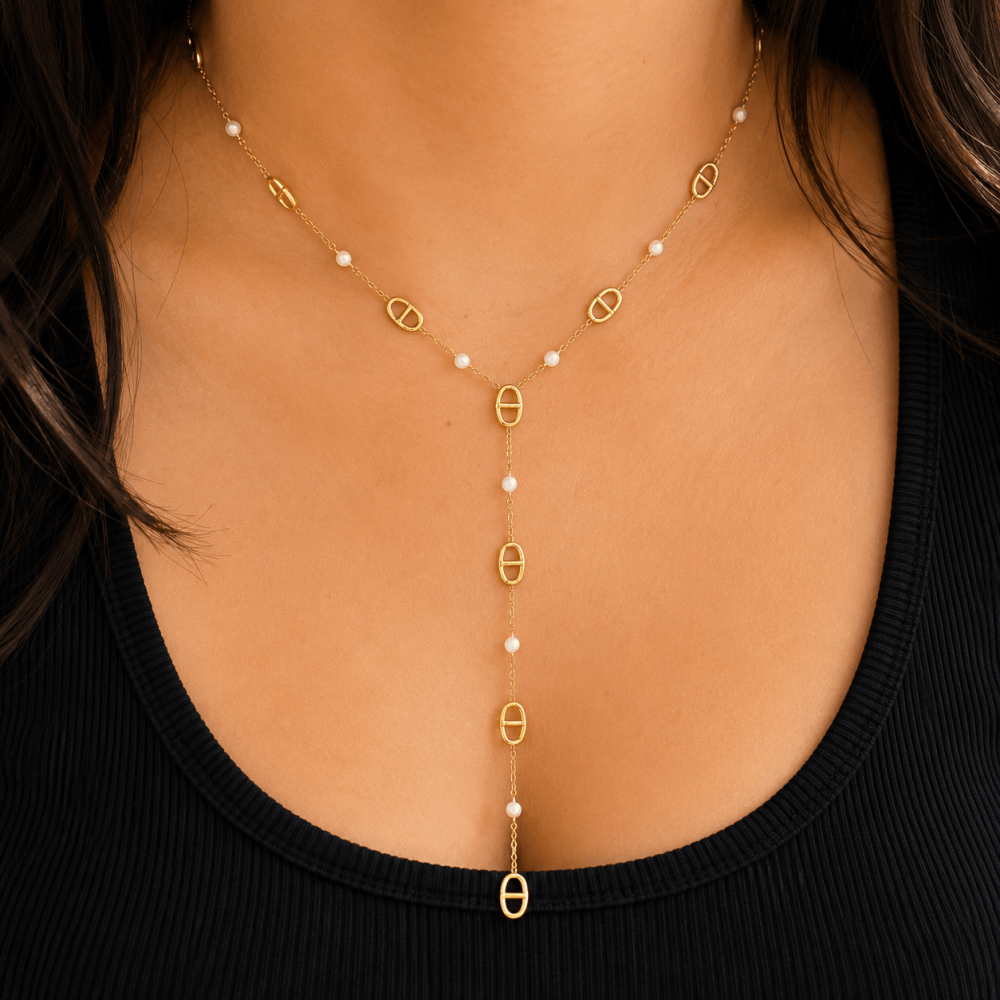 Sautoir Y Maille Marine et Perles Acier Inoxydable | Gaou Bijoux