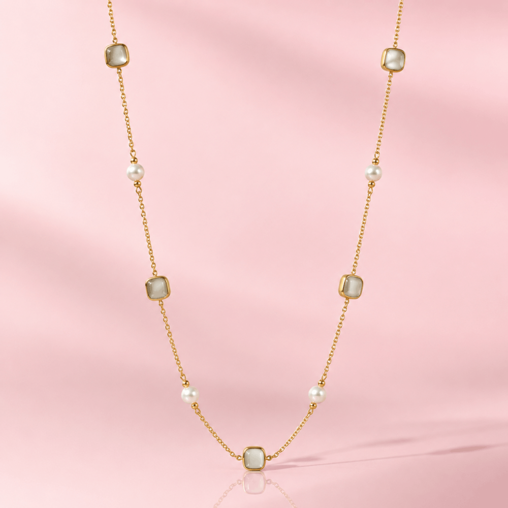 Sautoir Perles et Pierres Blanches Acier Inoxydable | Gaou Bijoux