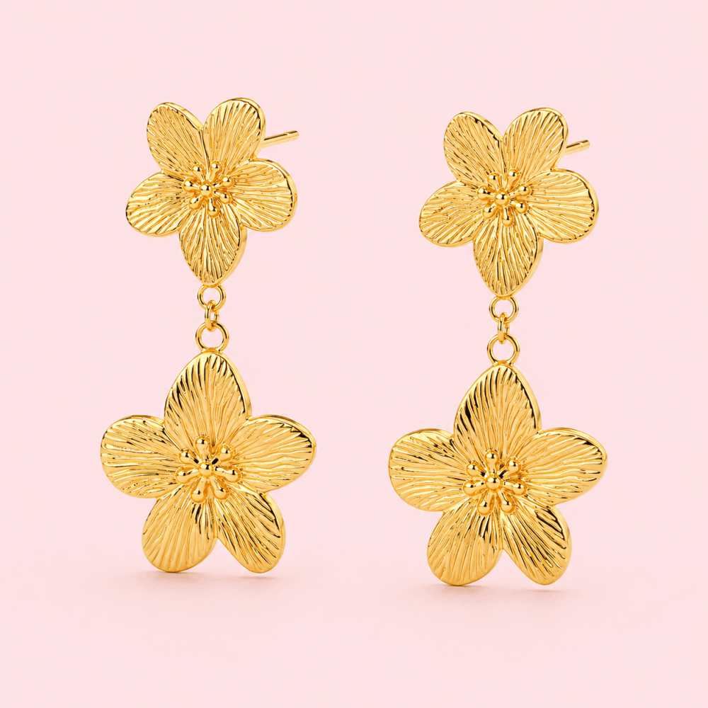 Boucles d'oreilles fleur double dorée acier inoxydable | Gaou Bijoux