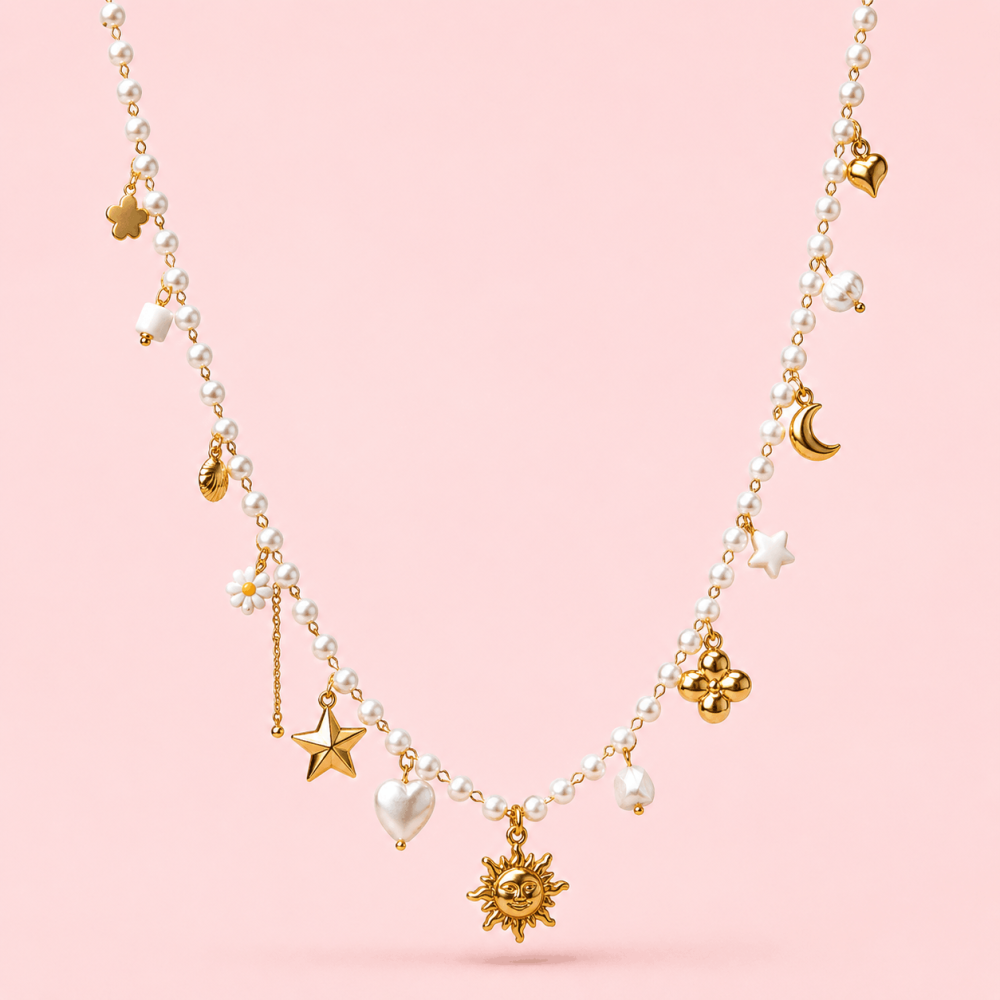 Collier perlé charms soleil acier inoxydable doré | Gaou Bijoux