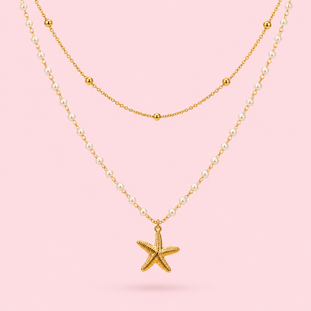 Collier multirang étoile de mer et perles acier inoxydable | Gaou Bijoux