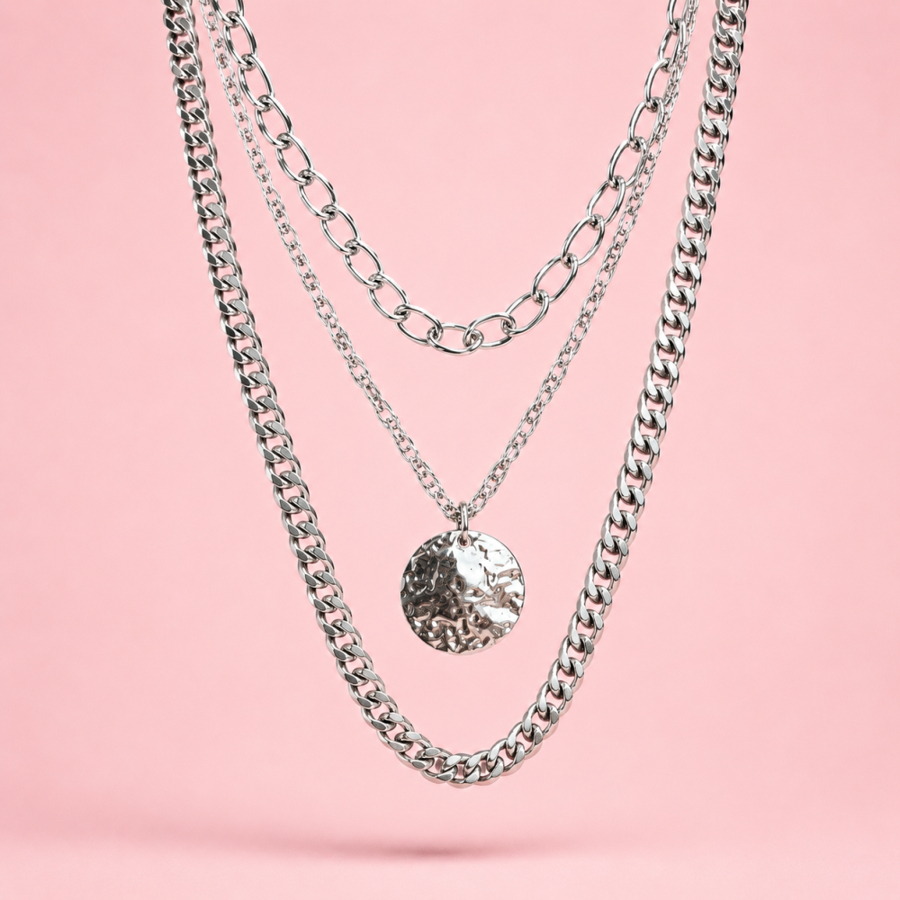 Collier multirang médaille martelée en acier inoxydable | Gaou Bijoux