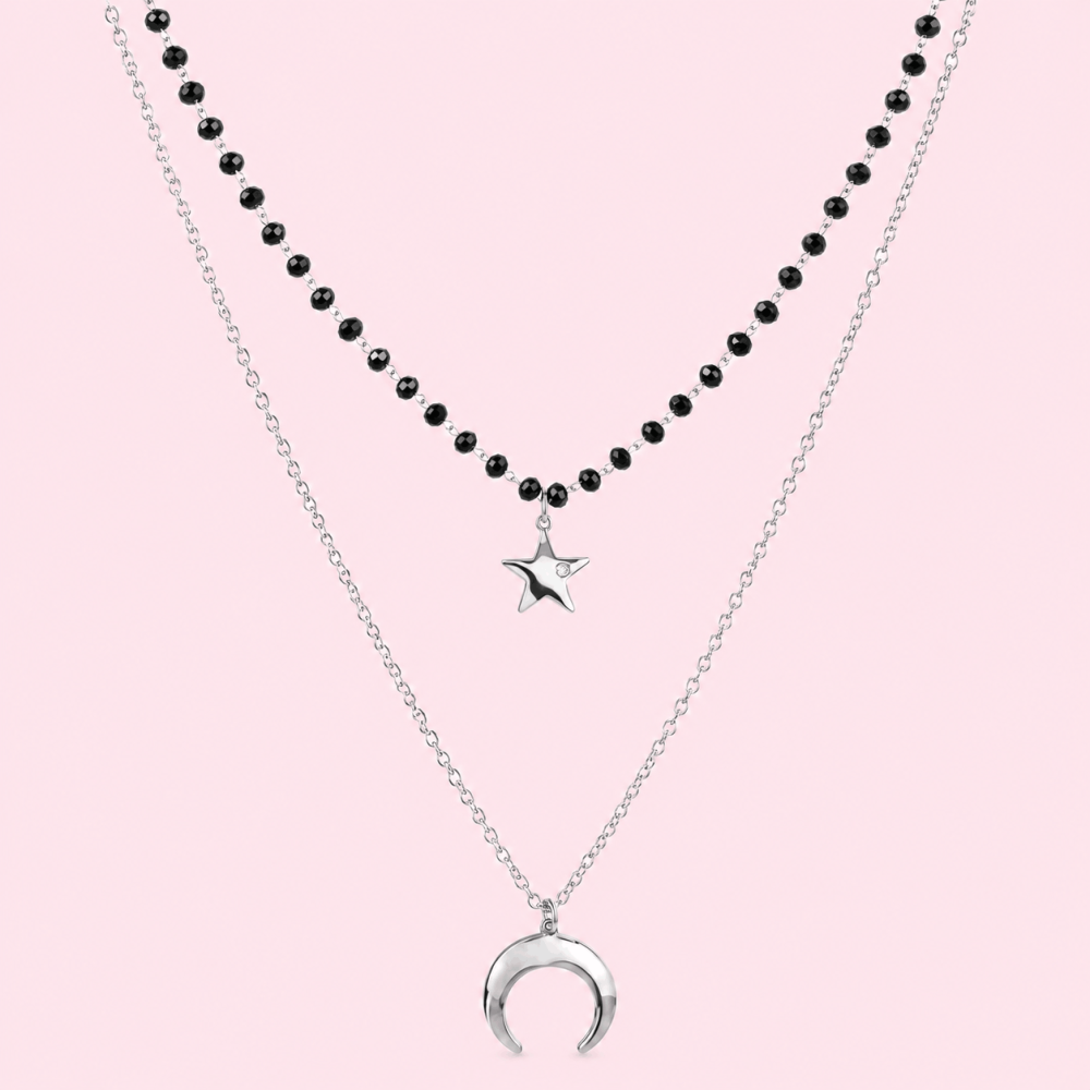 Collier Double Rang Étoile & Lune en acier inoxydable | Gaou Bijoux