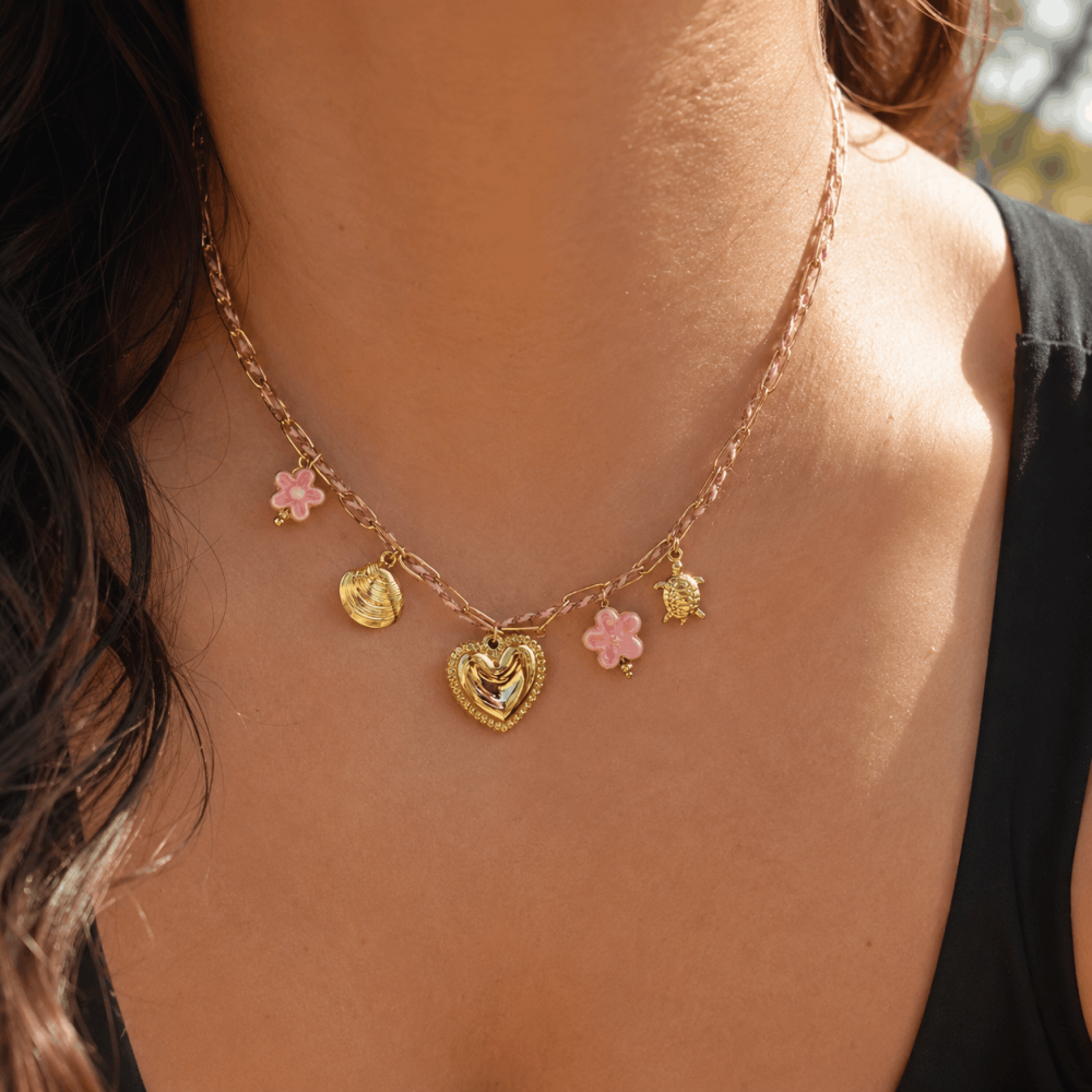 Collier Bandana Charms Cœur & Fleurs en Acier Inoxydable | Gaou Bijoux