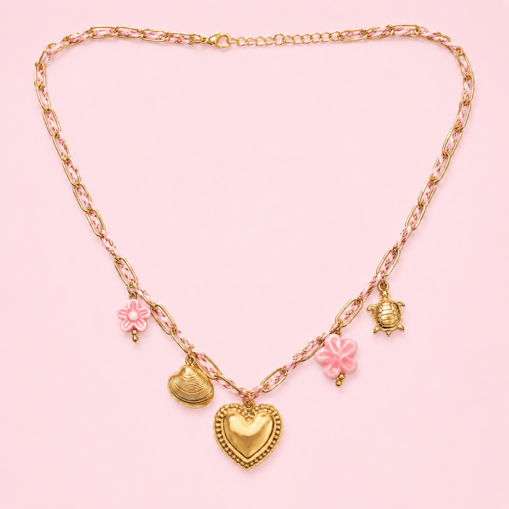 Collier Bandana Charms Cœur & Fleurs en Acier Inoxydable | Gaou Bijoux