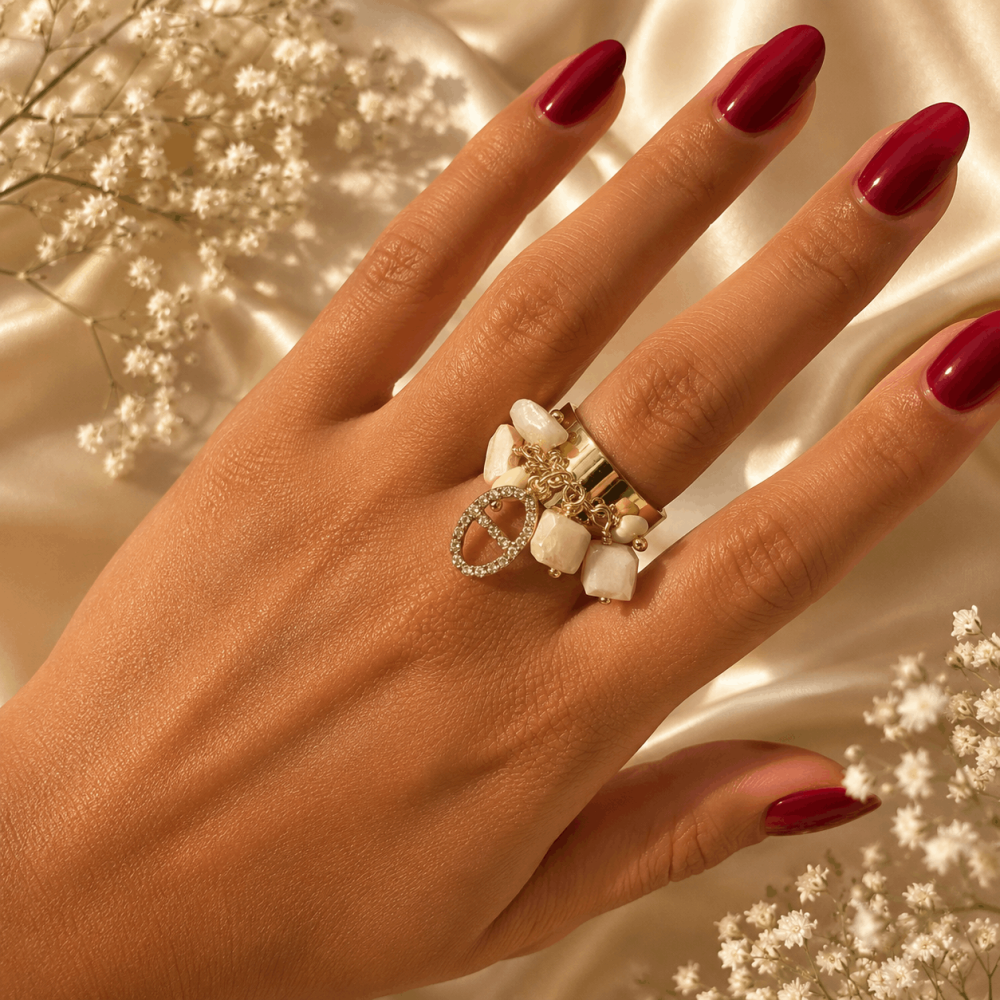 Bague Réglable Quartz Rose & Maille Marine en Acier Inoxydable | Gaou Bijoux