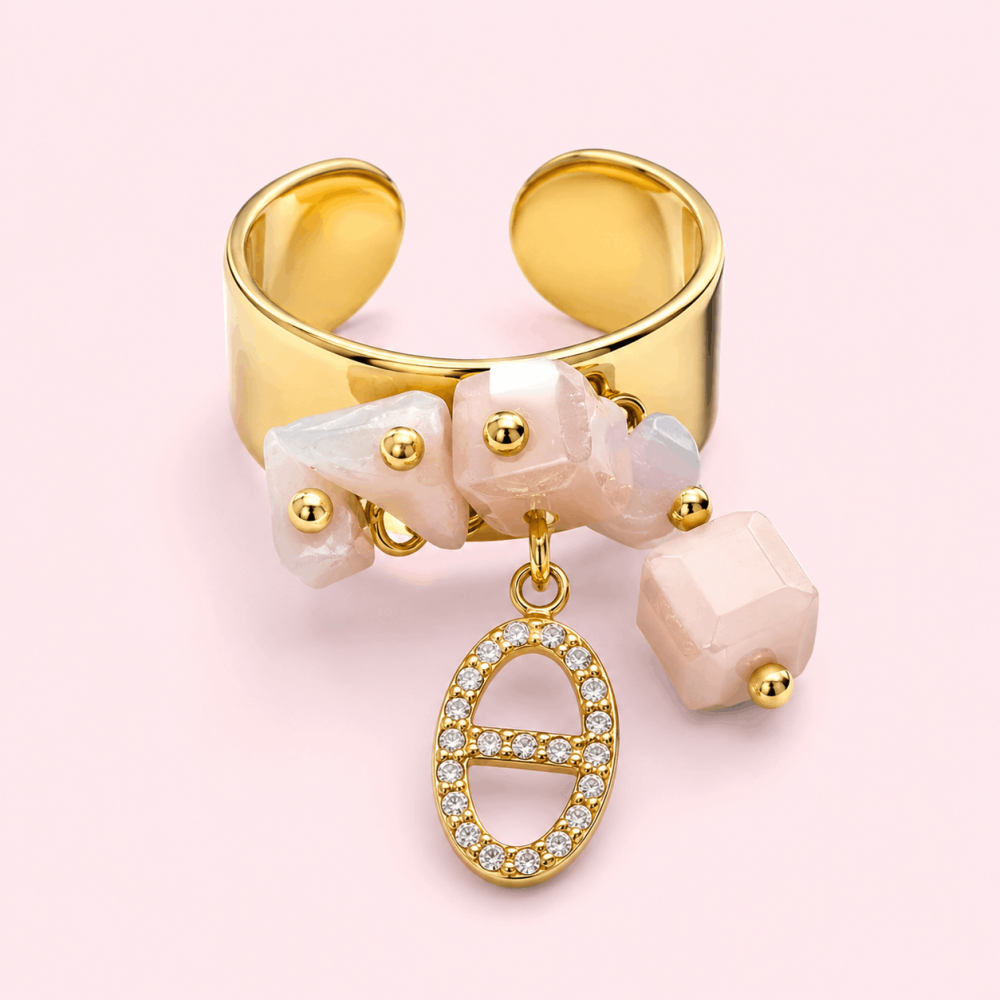 Bague Réglable Quartz Rose & Maille Marine en Acier Inoxydable | Gaou Bijoux