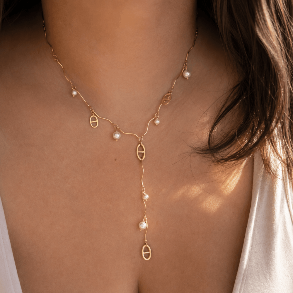 Collier Y Maille Marine & Perles Doré | Gaou Bijoux
