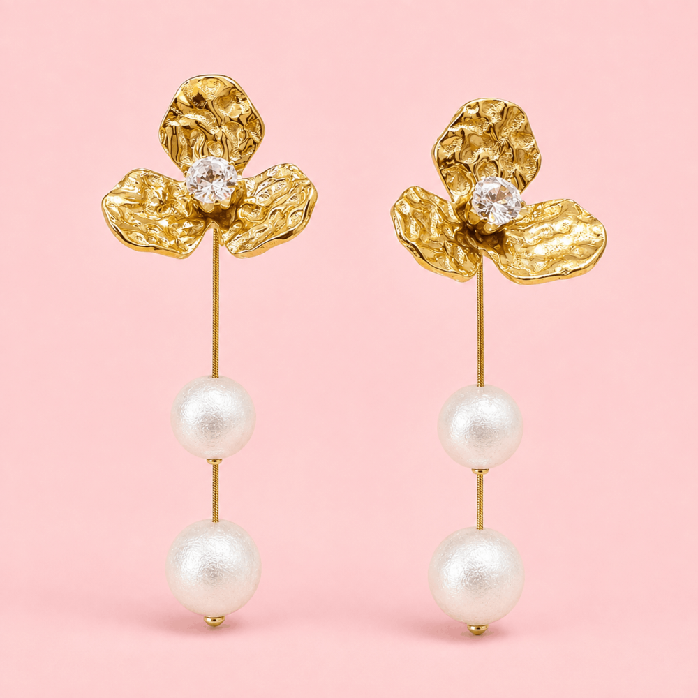 Boucles d’oreilles fleur dorée double perles | Gaou Bijoux