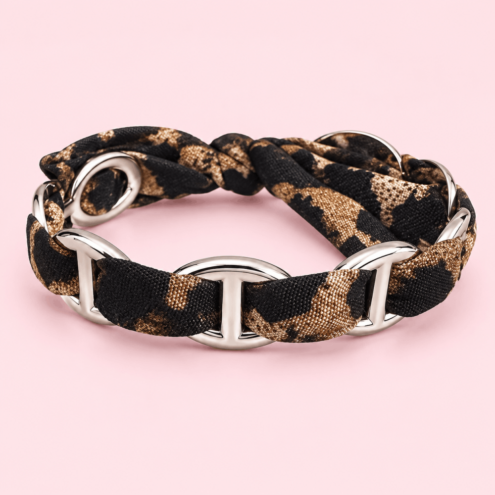 Bracelet léopard tissu & maillons maille marine dorés | Gaou Bijoux