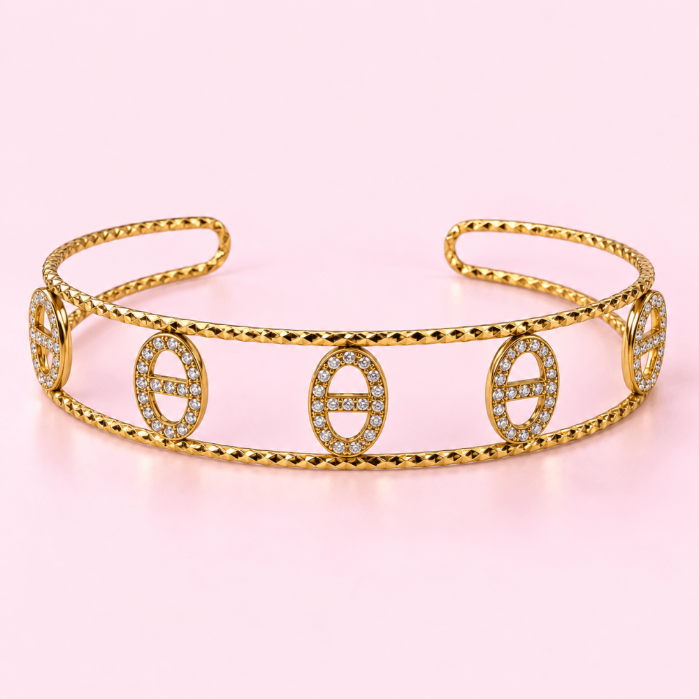 Jonc manchette maille marine strass doré | Gaou Bijoux