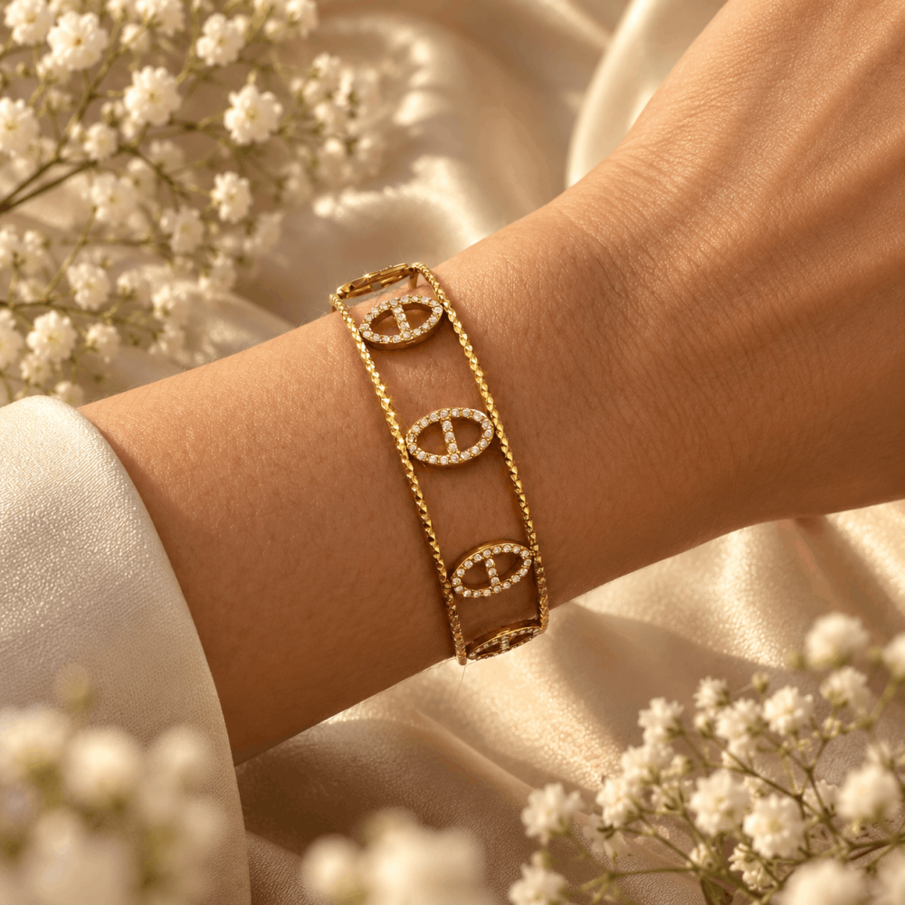 Jonc manchette maille marine strass doré | Gaou Bijoux