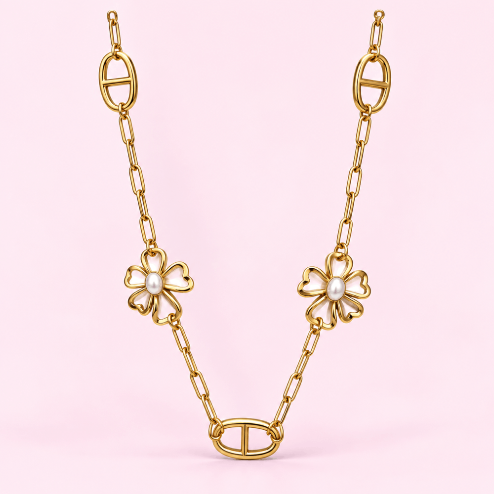Sautoir maille marine fleurs rose ou blanc | Gaou Bijoux