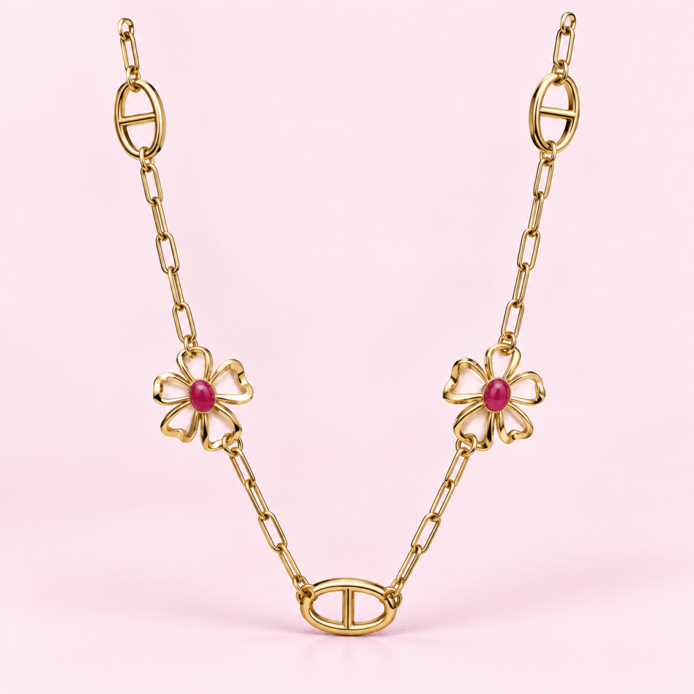 Sautoir maille marine fleurs rose ou blanc | Gaou Bijoux