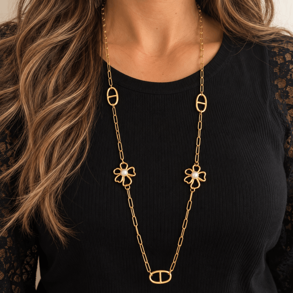 Sautoir maille marine fleurs rose ou blanc | Gaou Bijoux