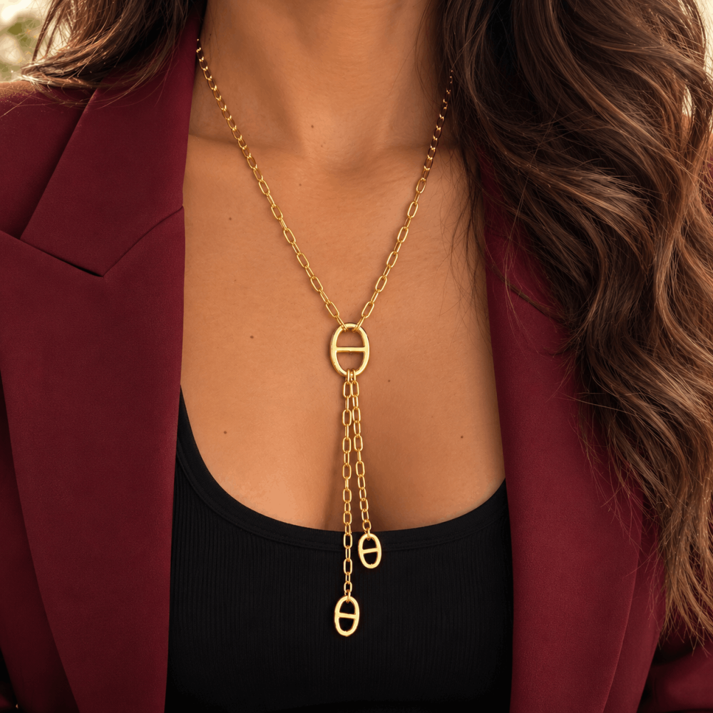 Collier Y maille marine doré à pampilles | Gaou Bijoux